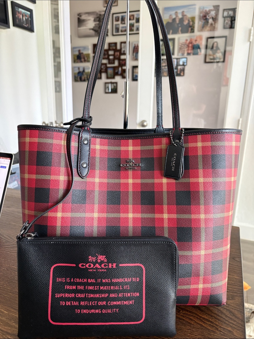 Coach Reversible Black/Red-Black Plaid Tote w/Detachable Black Storybook Pouch